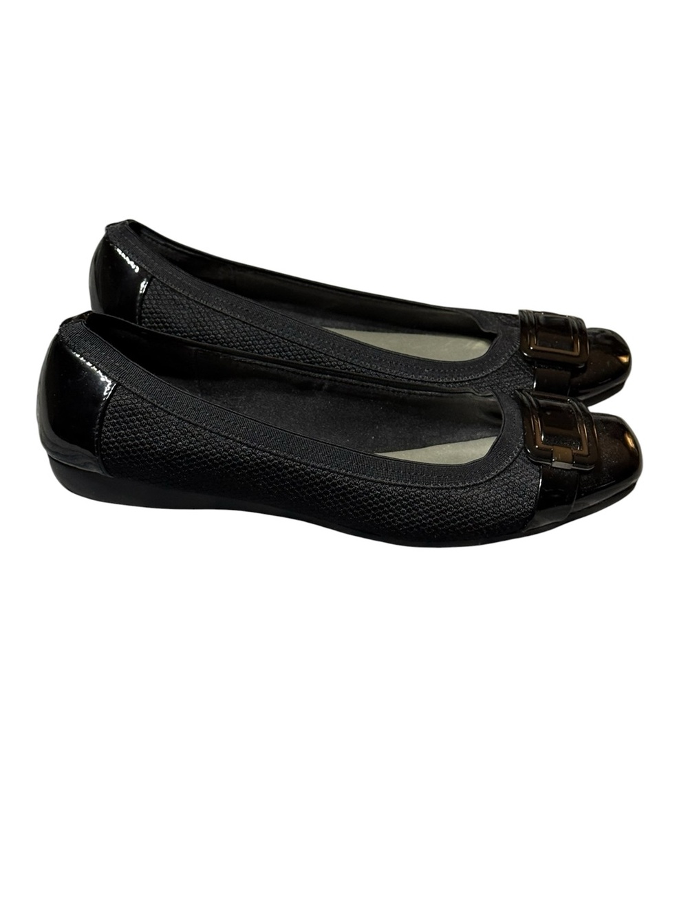 Anne Klein Sport 10M Black Fabric Patent Cap Toe Buckle Low Wedge Ballet Flat